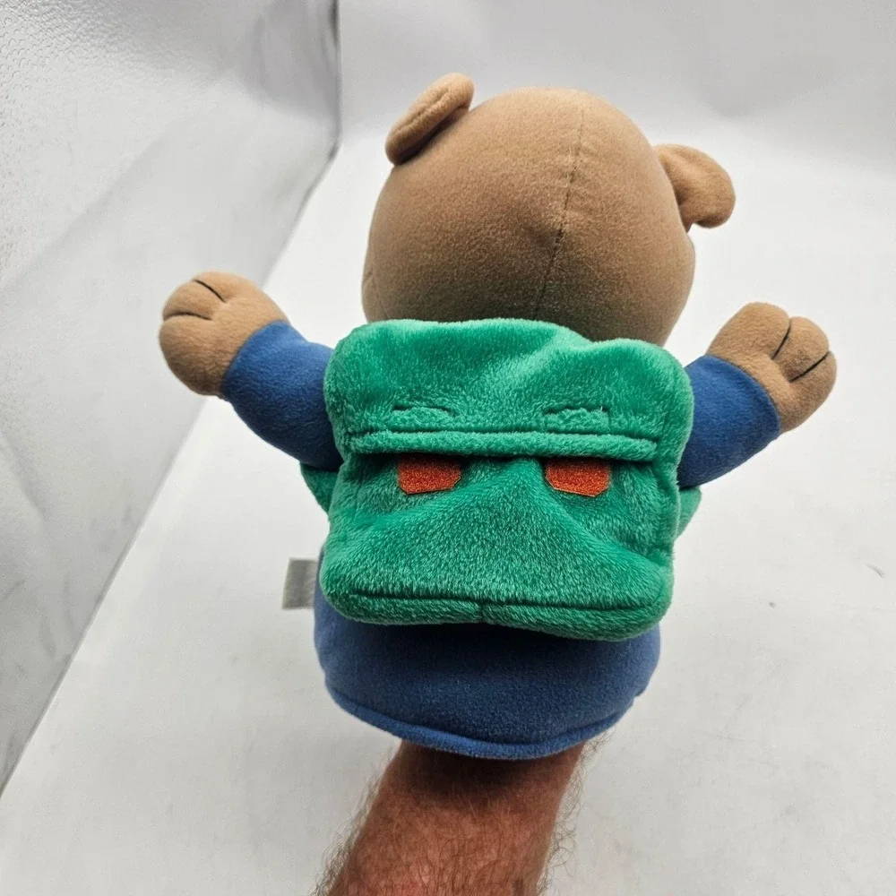 Bear Hand Puppet Plush Stuffed Animal Toy Small Brown Blue Backpack Soft Cute